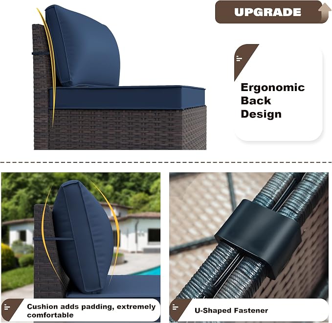 Kurapika 7 Pieces Patio Furniture Set, Rattan Wicker Outdoor Conversation Sets w/43in Propane Fire Pit Table and 4 Inch Cushion(Navy Blue)