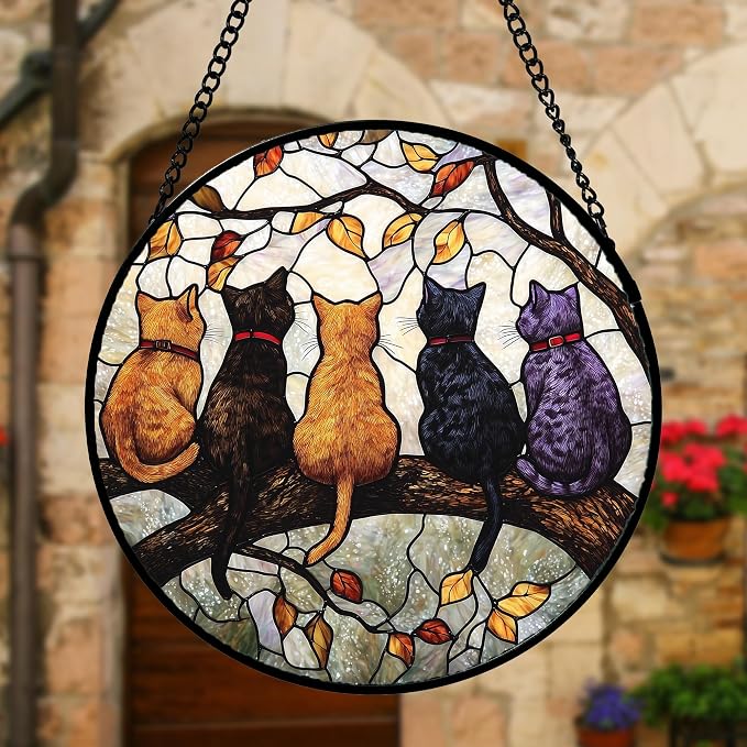 DASTOLL Stained Glass Window Hanging - 5 Cats on a Branch Suncatcher for Window Doors Home Decoration and Christmas, Mother's Day Father's Day Birthday Gifts for Women, Men, and Mom 11.8x11.8 in