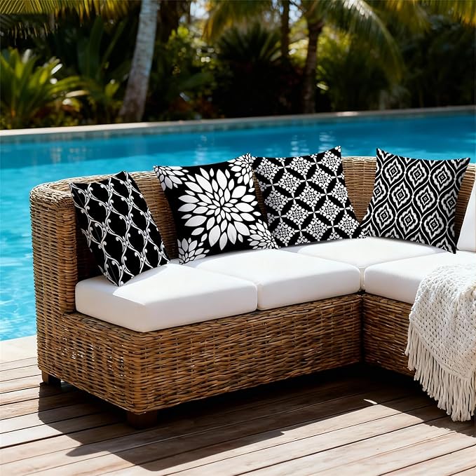 Outdoor Waterproof Throw Pillow Covers 18x18 Set of 4 Black and White Aesthetic Boho Decorative Cushion Cases for Patio Furniture Garden Porch Bench Couch Sunbrella