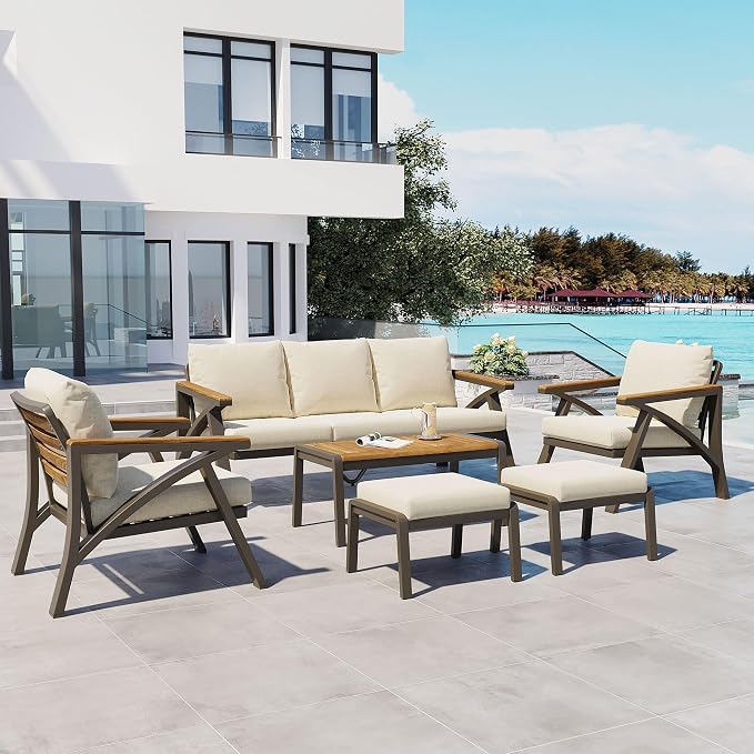 KLMM 6-Piece Outdoor Patio Furniture Set,Steel Frame Sofa Set with 3-Seat Couch, 2 Armchairs, 2 Ottomans & Acacia Wood Coffee Table,for Backyard, Garden, Poolside (Brown,Cream Beige-BC)