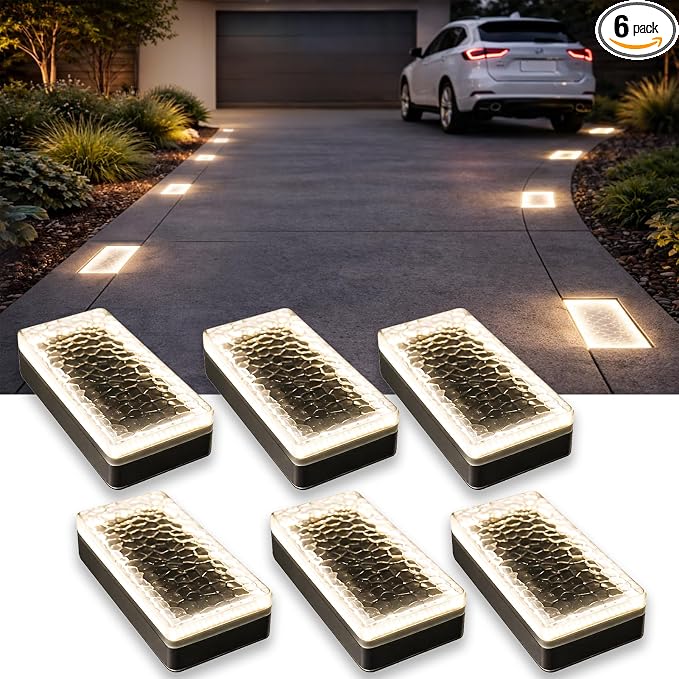 4x8 Solar Ground Lights, 3500K Paver Light, Warm White, 6Pack | Super Bright 100-LEDs, Outdoor Waterproof, Recessed Lighting Bricks, Driveway, Pathway, Walkway, Garden deck, Landscape