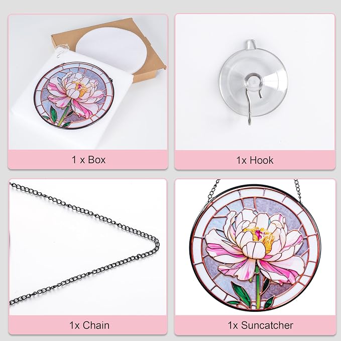 Stained Glass Window Hanging, Pink Peony Suncatcher 7.8 in Sun Catcher Glass Panel Boho Wall Art Decor with Chain Diamond Glass Panel Hangings Scenery Sun Catchers Decor for Lover Couple Mom