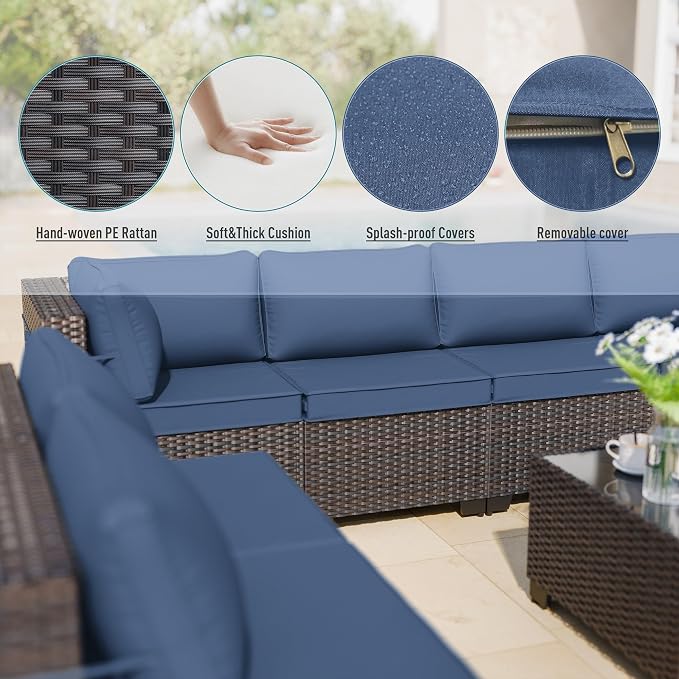 ALAULM 10 Pieces Patio Furniture Set with 2 Swivel Chairs Wicker Patio Conversation Set, Outdoor Sectional Furniture w/Coffee Table & Washable Seat Cushions-Dark Blue