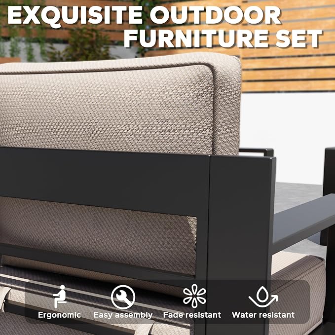 Aluminum Patio 79" Sofa Set with 2 Armchairs, All Weather Outdoor Conversation Furniture Set with Metal Armrest & 6" Water-Resistant Cushions & Furniture Covers for Deck Porch (Beige)