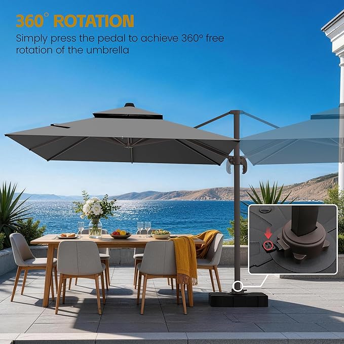 HASLE OUTFITTERS 10x10 FT Patio Cantilever Umbrella with Base, Outdoor Offset Large Rectangular Heavy Duty Double Top Umbrellas with 360° Rotation for Pool Garden Deck，Grey