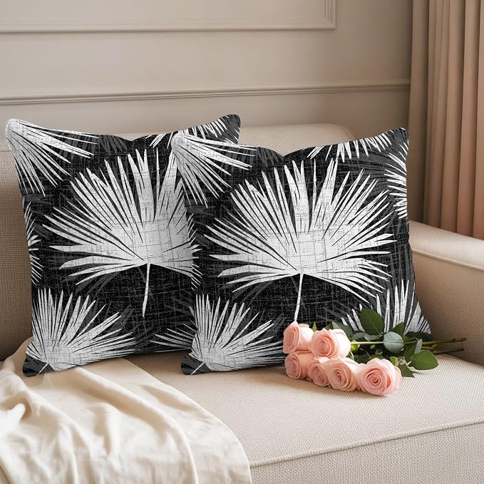 Throw Pillow Covers 24x24 Inch Set of 2, Black Palm Leaves Coastal Waterproof Outdoor Pillow Covers, Summer Tropical Botanical Boho Decorative Cushion Pillowcases for Couch, Sofa, Bed, Garden, Patio