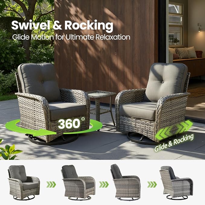 5 Piece Wicker Patio Furniture with Swivel Rocker Chair, Black | High Back Swivel Rocker Chairs, All Weather Rattan Outdoor Sofa, Solar Lights Table, Modern Conversation Sets, Deck Backyard