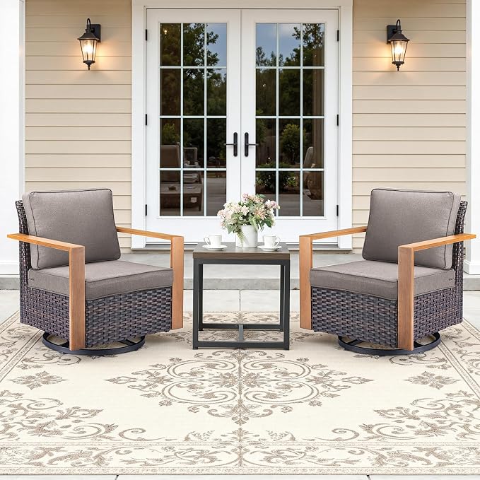 Outdoor Swivel Rocker Patio Chairs Set of 3, High Back Swivel Patio Chairs with Side Table & Metal Arm, Wicker Outdoor Bistro Set for Porch, Yard, Deck, Poolside, Grey