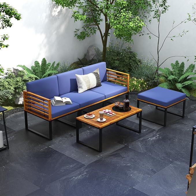 Tangkula 5 Pieces Patio Conversation Set, Acacia Wood Chair Set with Ottoman & Coffee Table, Comfy Seat & Back Cushions, Outdoor Wood Furniture Set for Backyard, Poolside, Garden