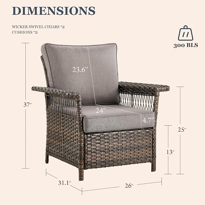 Patio Furniture Set 2 Wicker Patio Chairs 2 PE Rattan Ottomans with Grey Cushions Patio PE Rattan Sofa and Coffee Table Brown Wicker Patio Conversation Set 6pcs for Garden Backyard
