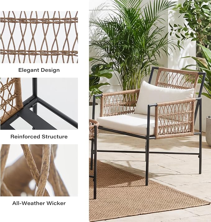 LAUSAINT HOME 5 Piece Patio Furniture Set, Outdoor Wicker Conversation Set with 2 PE Rattan Armchairs, 1 Loveseat with Cushions, Coffee Table & Side Table for Porch, Balcony, Garden, Poolside, Beige
