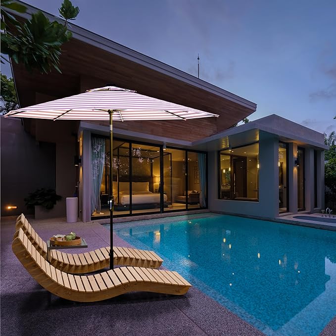 Midtown Umbrellas The LED Swilt 10 Feet Patio Umbrella With Terylast Midtown Stripes Purple/White Polyester Fabric - Auto-Tilt Aluminum Frame w/LED Light For Backyard, Deck, Garden, Pool - Black Pole