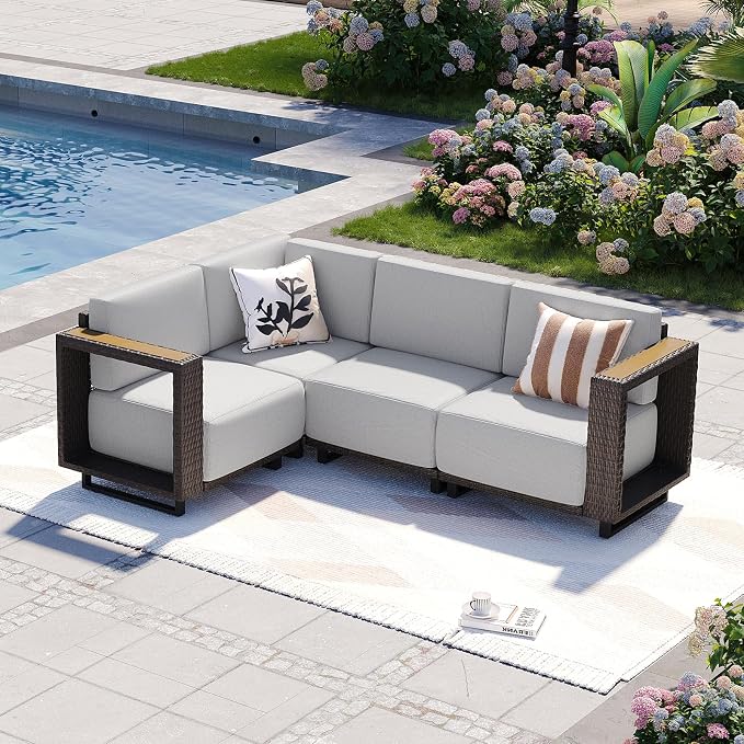 Aoxun Patio Furniture Set, 4 Piece Outdoor Wicker Sectional Sofa Set, All-Weather Rattan with 10'' Ultra-Thick Cushions, Outdoor Conversation Set for Backyard, Poolside and Garden, Brown/Light Gray