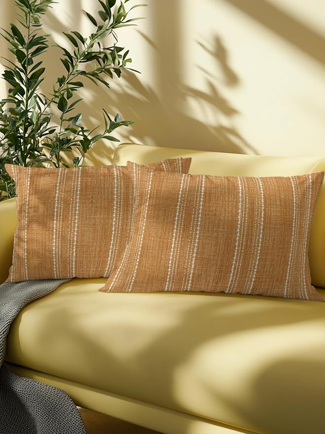 Waterproof Outdoor Pillow 1 Pack Orange Linen Stripes Decorative Throw Pillows Cover & Insert 20x12 Inch Lumbar Pillowcase Parallel Vertical Lines Pillows for Couch Sofa Bed Patio Furniture