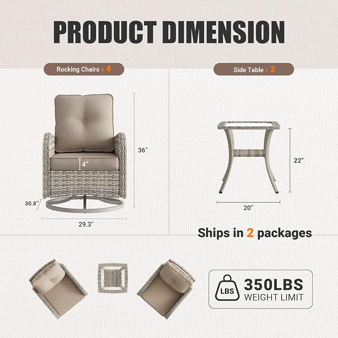 6-Piece Patio Rocking Swivel Chair Outdoor Wicker Rattan Bistro Set with Tempered Glass Side Table, Outdoor Patio Furniture Set for Garden, Deck, and Balcony, Sand