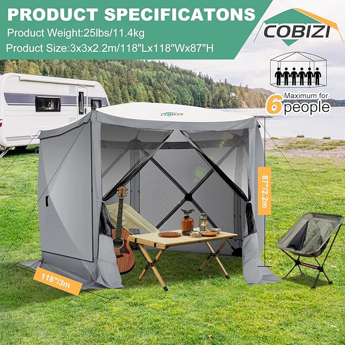 COBIZI 10x10 FT Pop up Gazebo, Popup Canopy Tent,Screened in Gazebos with sidewalls, Waterproof Portable Outdoor Small Screen Tents Sun Shelter,carpas para Patio for Camping, Garden and Backyard,Grey