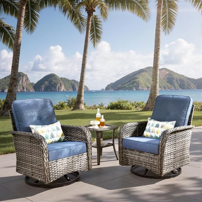 3-Piece Outdoor Patio Furniture Set with Swivel Chairs, Outdoor Conversation Wicker Sofa with Coffee Table, Rattan Couch for Deck Yard Poolside, Blue