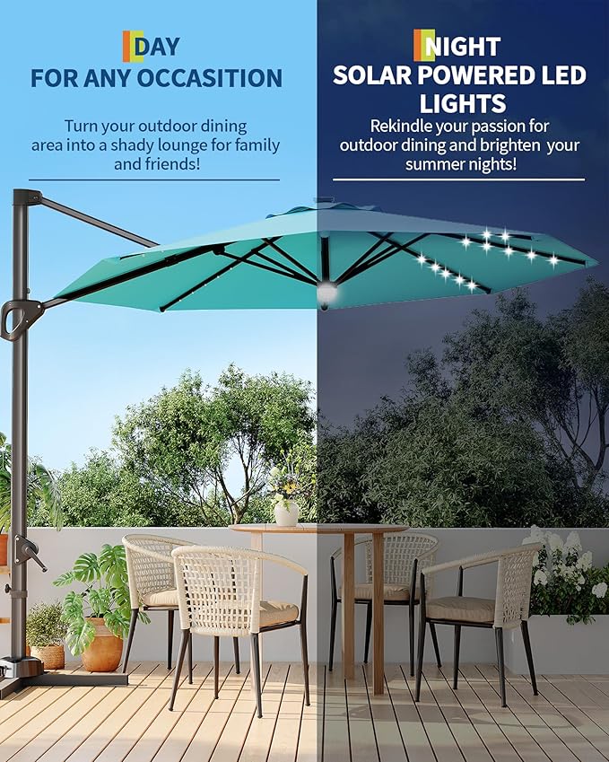GarveeLife 10 ft Cantilever Umbrella Outdoor Patio Umbrella Solar LED w/Base Included Market Offset Umbrella Sun Shade Windproof with 360-Degree Rotation for Patio Garden Deck Pool, Turquoise Blue