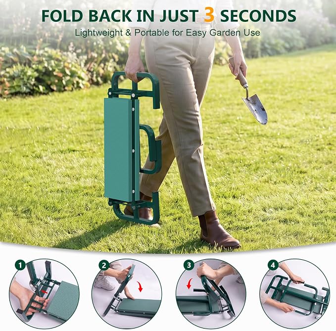 AUROPEAK Garden Kneeler and Seat, 7-Level Adjustable Stool with Handles | Cushioned kneeling pad, folding frame and tool bags for weeding, planting and pruning, ideal for seniors and home gardeners