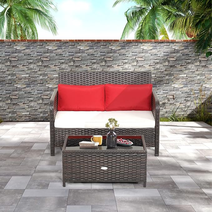 Tangkula 2-Piece Outdoor Patio Wicker Furniture Set, PATIOJOY Patio Loveseat and Coffee Table Set with Cushions, Outdoor Conversation Set for Porch, Balcony and Backyard