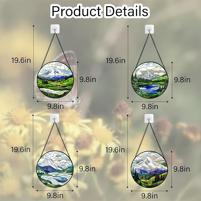 DASTOLL Stained Glass Window Hanging 4 Pcs Set Mountains Lake Green White Landscape 9.8" - Suncatcher Door Garden Sun Catcher Decor Birthday Christmas for Mom Woman Nana Men