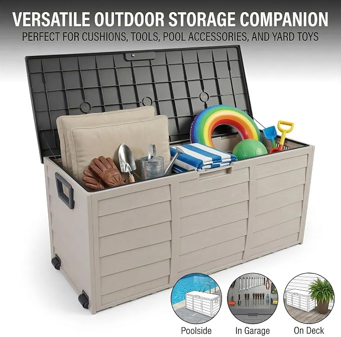 75 Gallon Outdoor Storage Box, 260L Waterproof Resin Deck Box for Patio Furniture Cushions, Garden Tools and Yard Accessories, Lockable Storage Chest with Wheels and Handles (Brown)