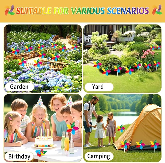 NOVWANG 50 Pack Rainbow Pinwheels for Kids Yard and Garden | Colorful Flower Wind Spinners, Kids Birthday Party Gifts, DIY Windmill Crafts, Lawn Yard Camping Park