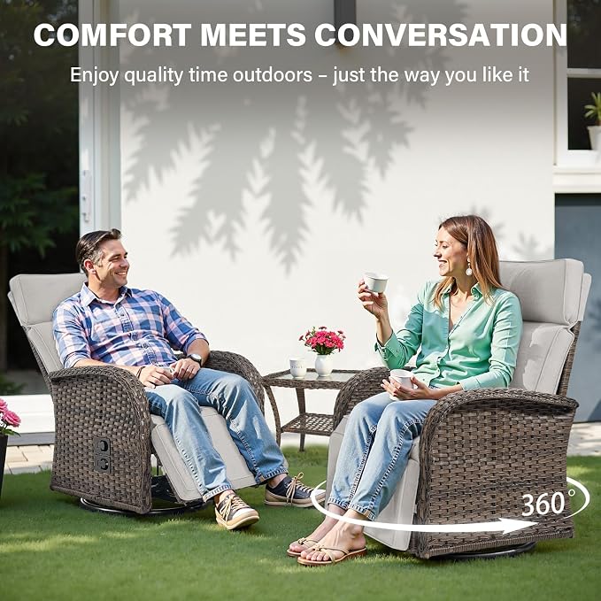 Belord 5 Piece Wicker Patio Furniture Set with 30" Propane Fire Pit Table, Outdoor Swivel Recliner Chairs with Adjustable Backrest & Footrest for Patio Conversation and Backyard Gathering