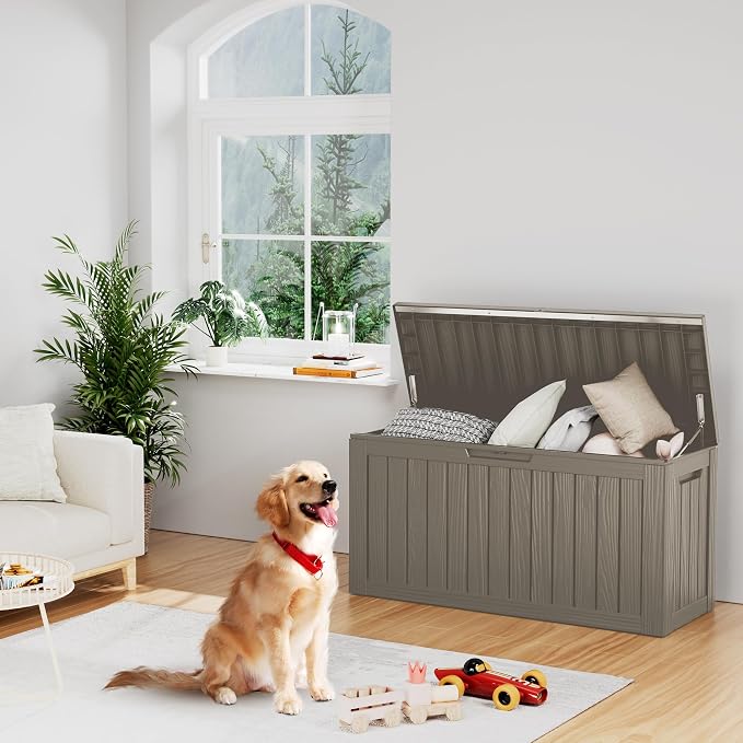 Outdoor Storage Box Waterproof, Lockable Resin 80 Gallon Deck Box Patio Storage Bin for Pool Accessories Cushion Furniture, Garden Tools, UV-Resistant Outside Delivery, Grey