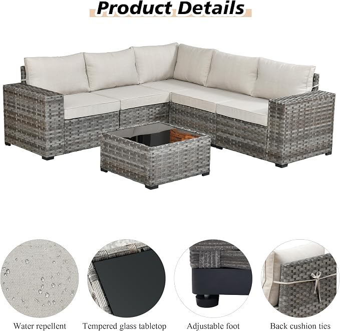 HOOOWOOO Modular Patio Outdoor Sectional Furniture Set,6 Pieces Wicker Conversation Sofa Set,Out Door Couch Set with Wide Arm for Outside All Weather(Beige)
