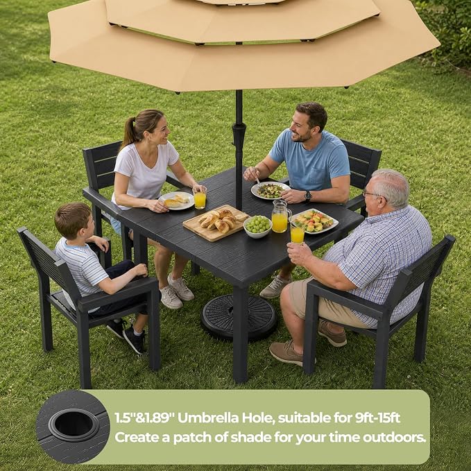 5-Piece Patio Dining Set for 4, All-Weather HDPE Outdoor Table and Chairs with Umbrella Hole, Rust-Resistant Metal Frame Dining Set for Garden, Backyard, Poolside, Deck (1 Table & 4 Chairs)