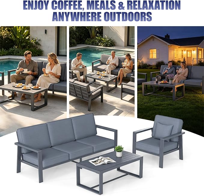 Premium Aluminum Patio Furniture Set 4 Piece,Outdoor Conversation Set with Wide Armrest,5" Thick Cushions, Olefin Fabric,Rustproof Metal Frame,Deep Seating Patio Sofa Set for Backyard,Deck,villa,Gray