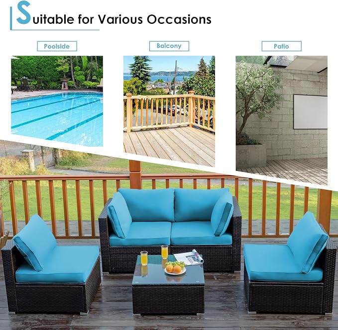 COSTWAY 5-Piece Outdoor Patio Furniture Set, PE Rattan Sofa Chairs with Cushions and Tempered Glass Coffee Table, Conversation Sofa Set for Backyard Garden (Turquoise)