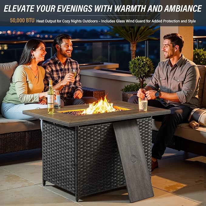 Belord 6 Piece Outdoor Patio Furniture Set with Propane Fire Pit Table, Wicker Patio Conversation Set with 2 Swivel Rocker Chairs Rattan Sofa and Removable 4" Thick Cushions for Deck Backyard