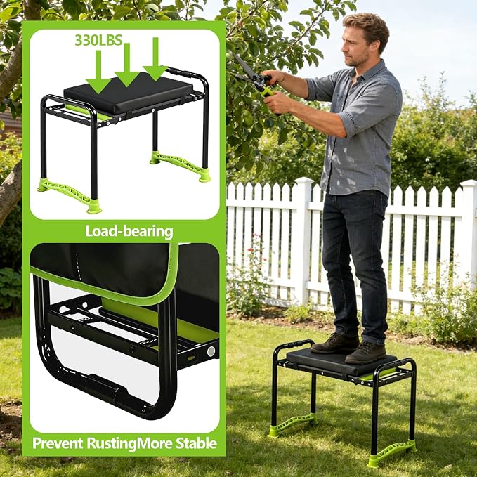 Garden Kneeler and Seat, Heavy Duty Gardening Stool with 1.8" Thick Detachable Kneeling Pad, Foldable Bench Chair with Tool Pouch and Bag for Knee & Back Pain Relief for Women, Men, Seniors (Green)