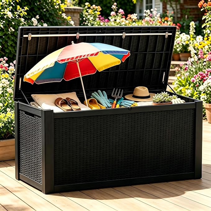 328 Gallon Waterproof Outdoor Storage Box, Heavy Duty Resin Deck Box Lockable, Large Outside Patio Storage Bench for Garden Tools & Pool Accessories, Hydraulic Lift, All-Season UV-Resistant, Black