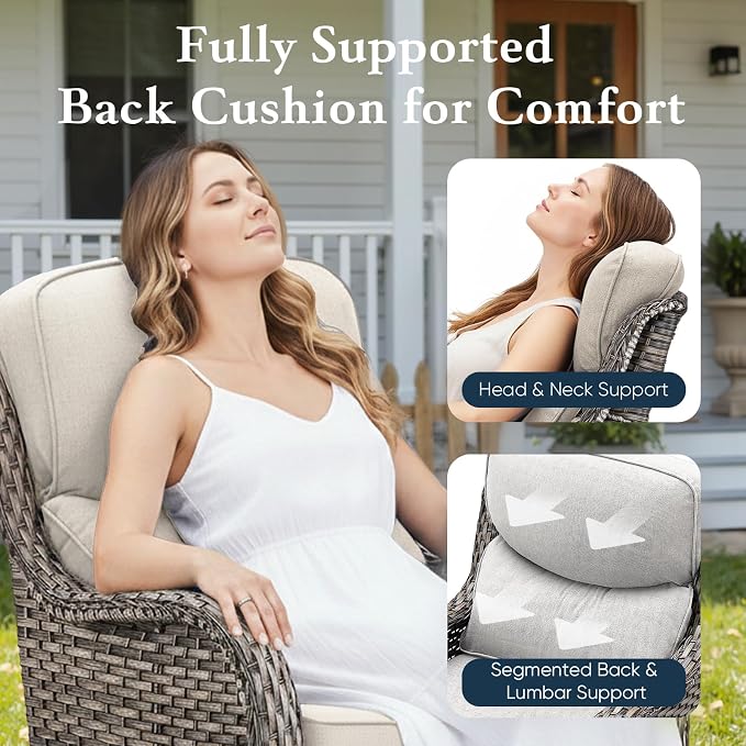 Belord Luxury 6" Thick Cushioned Outdoor Swivel Rocker Patio Chairs with Side Table, High Back Wicker Furniture Set with Ergonomic Zone Back, Conversation Glider Set for Deck Porch - Grey+Beige