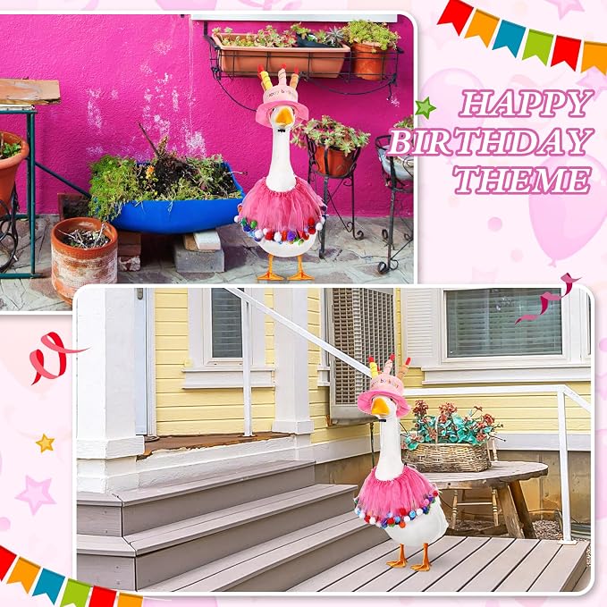 Aliceset Happy Birthday Porch Goose Outfit Lawn Goose Clothes Hat and Tutu Collar Goose Outfits for 23" Cement/Plastic Porch Goose Outdoor Statue Patio Yard Lawn Art (Pink)