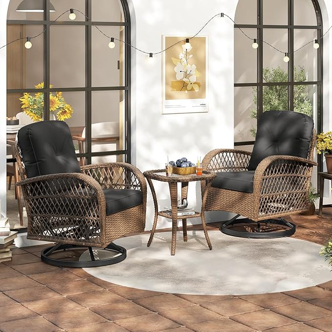 HAPPYGRILL 3 Pieces Outdoor Rattan Swivel Rocker Chairs Set with Tempered Glass Side Table, Outside Sectional Patio Conversation Furniture Set with Swivel Rocking Chairs for Deck Porch Garden (Black)
