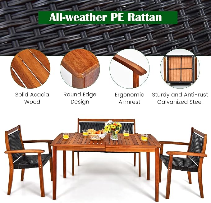 HAPPYGRILL 4 Piece Patio Dining Set Outdoor PE Rattan Space-Saving Dining Table Set with Umbrella Hole, Patio Armchairs and Acacia Wood Table Set for Garden Backyard Poolside