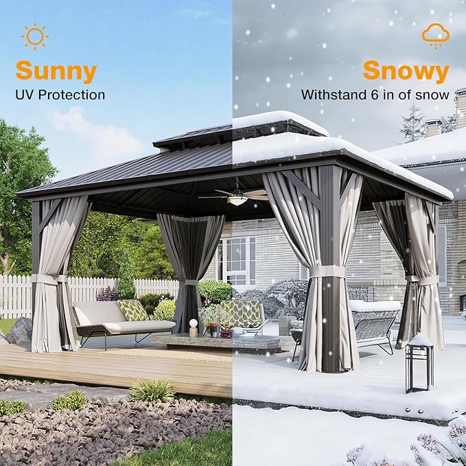 12x16FT Hardtop Gazebo, Metal Frame with Double Galvanized Steel Roof, Permanent Outdoor Pergola with Curtains and Netting Included for Backyard, Patio, Lawn and Garden, Gray