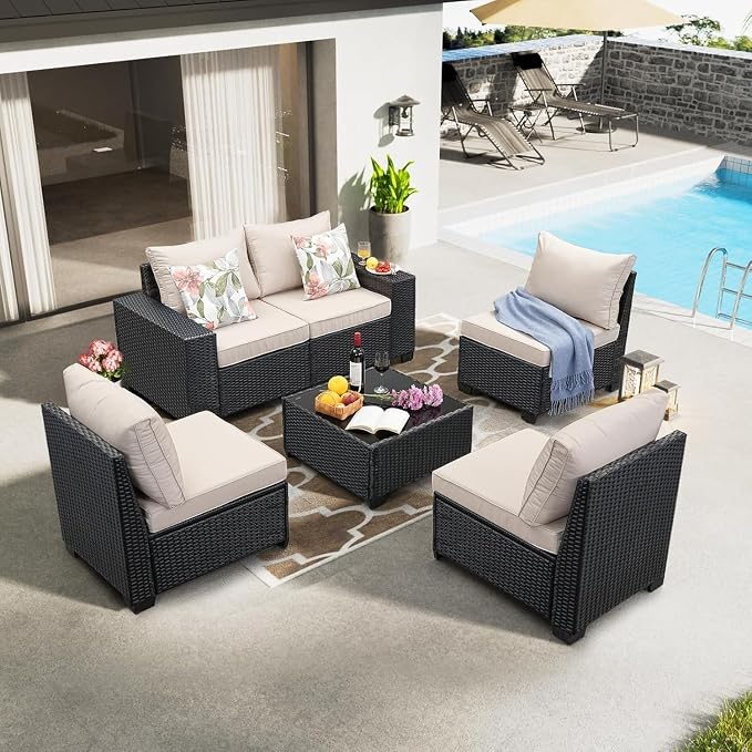 All Weather Outdoor Wicker Sectional Sofa Beige Rattan Conversation Seating 6 Piece Patio Furniture Set with Cushions Glass Table for Porch Garden Backyard