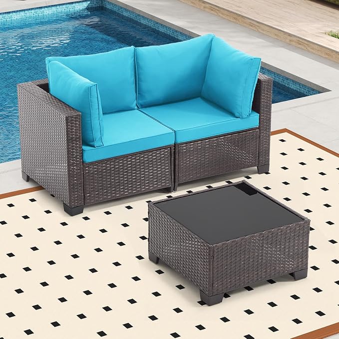 Bonzy Home 3 Pieces Outdoor Patio Furniture Set, PE Rattan Outdoor Sectional Furniture Sofa Set with Removable Cover and Glass Coffee Table, Patio Sofa for Balcony, Porch, Garden, (Brown-Turk Blue)