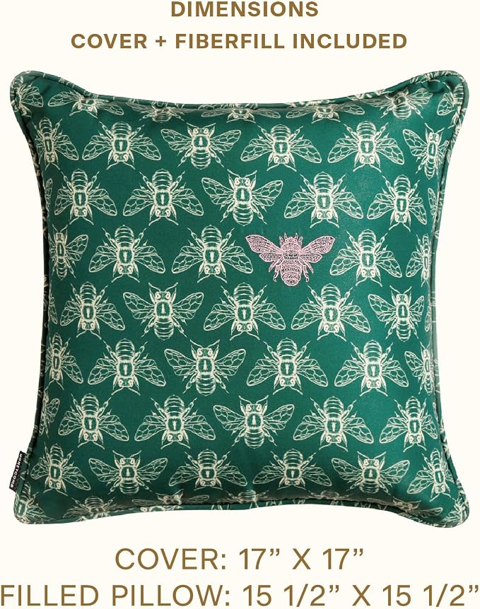 Honeycomb Indoor/Outdoor Square Toss Pillow for Patio Furniture, 17 x 17 | Royalty Green Embroidered Bumble Bee Throw Pillow, Water & Fade Resistant for Patio Furniture Set