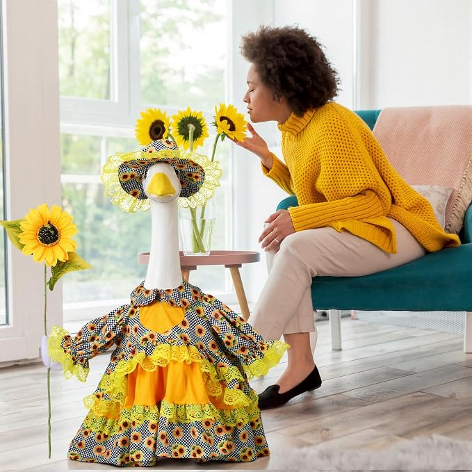 Soulchen 1 Set Sunflower Porch Goose Outfit 23 Inch Summer Cement Goose Clothes Dress and Hat Costume Set for Summer Fall Garden Yard Decor