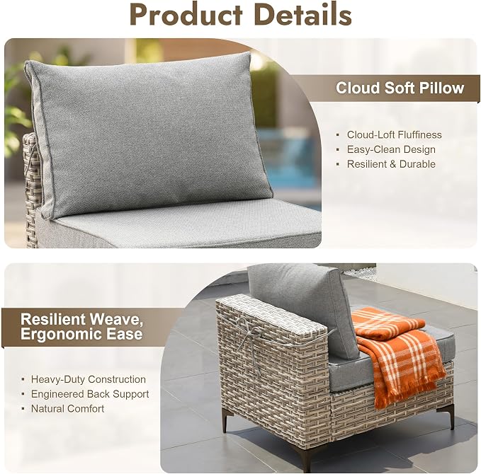 7 Pieces Patio Furniture Set with Solar Light Coffee Table, All-Weather Rattan Outdoor Sectional Conversation Sets L Shaped Sofas with Thick Cushions for Porch Balcony Backyard Dark Grey