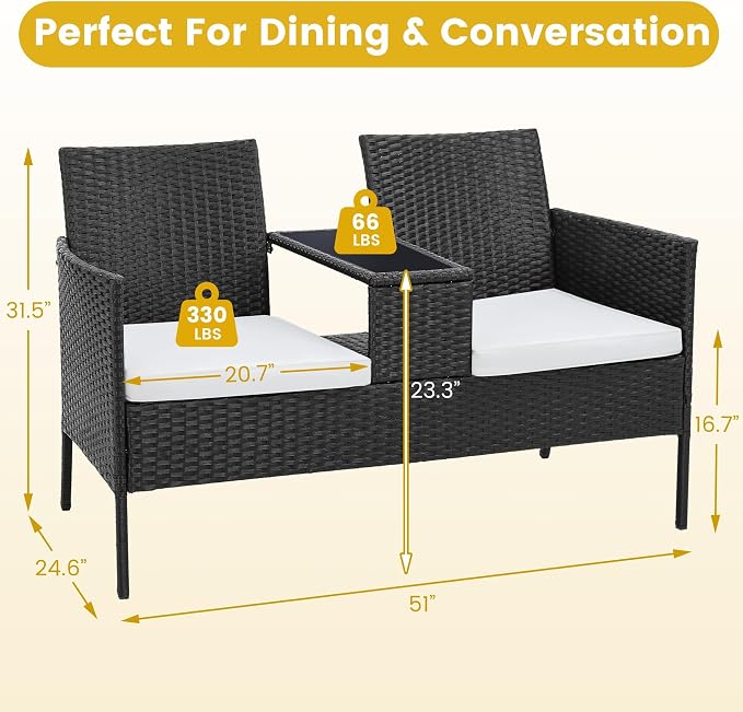 KROFEM Wicker 2-Seat Patio Conversation Sets, Outdoor Rattan Loveseat with Side Table and Removable Soft Cushion, Perfect for Backyard, Garden and Lawn, White