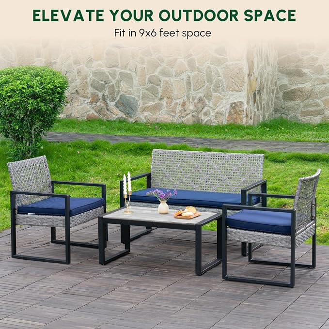 BEEFURNI Wicker Patio Furniture Outdoor Conversation Set of 4, Rattan Outdoor Furniture Set, Acacia Wood Table, 2 Chairs, 1 Loveseat, 2” Cushions, All Weather Set for Patio, Porch, Balcony (Gray)