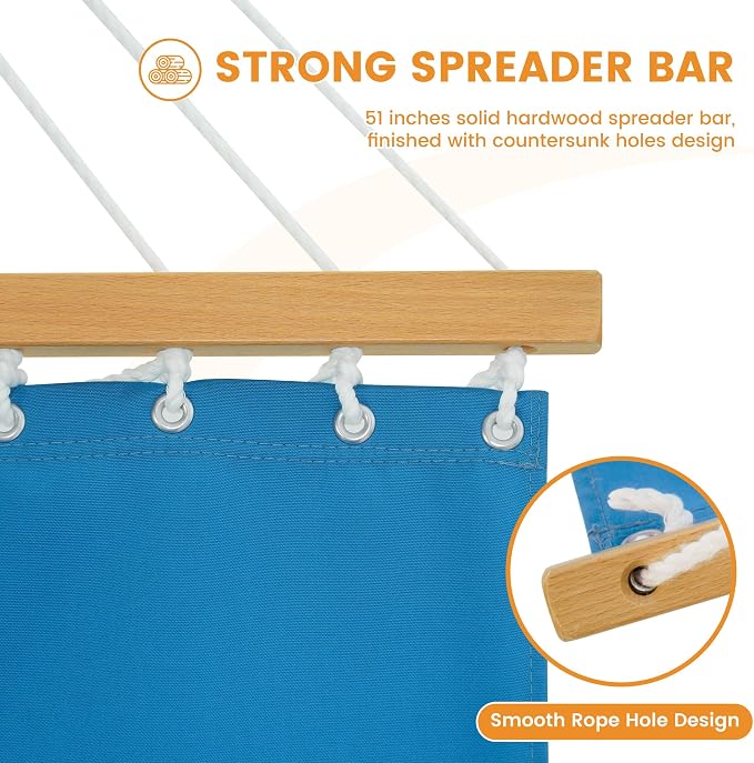 Lazy Daze Hammocks 12 FT Sunbrella Fabric Hammock non-fading with Spreader Bars and Free Pillow Fits for 2 Persons, All Weather and Fade Resistant for Patio Yard, 450 lbs Capacity, Canvas Pacific Blue