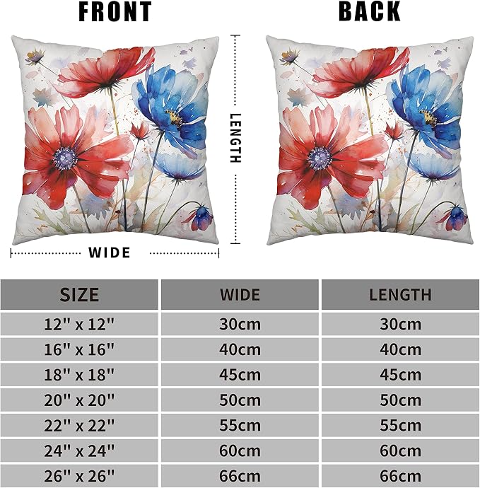 Pack of 2 White Square Linen Pillow Covers Red and Blue Floral Pillow Case Modern Art Watercolor Farmhouse Pillowcase for Living Room Patio Outdoor 24x24